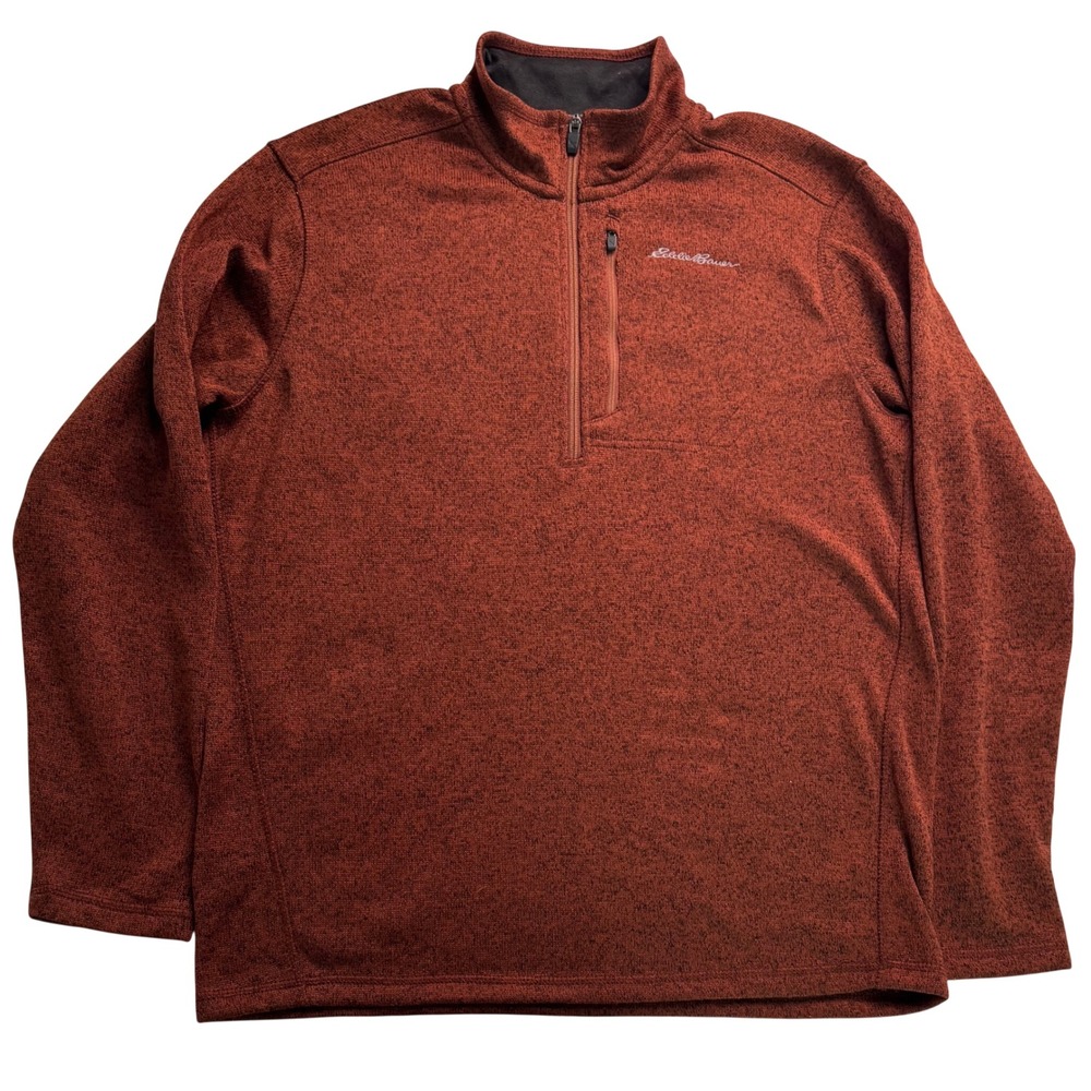 Eddie Bauer Mens L Rust Orange Heathered Quarter Zip Fleece Pullover Sweater